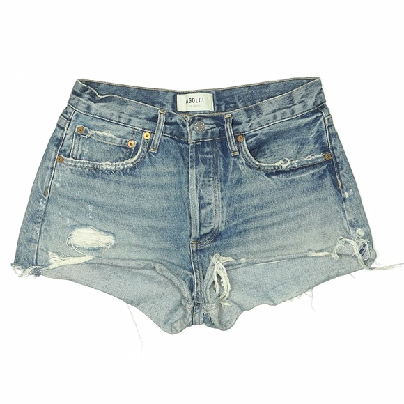 AGOLDE Parker Vintage Cutoff Denim Shorts in Swapmeet Medium Blue Distressed 26